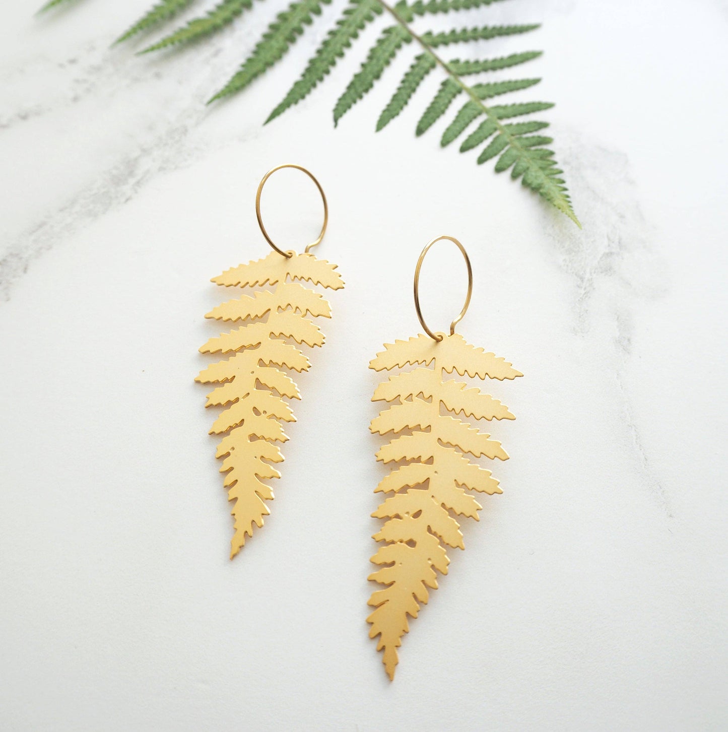 Trendy Gold Fern Hoop Earrings