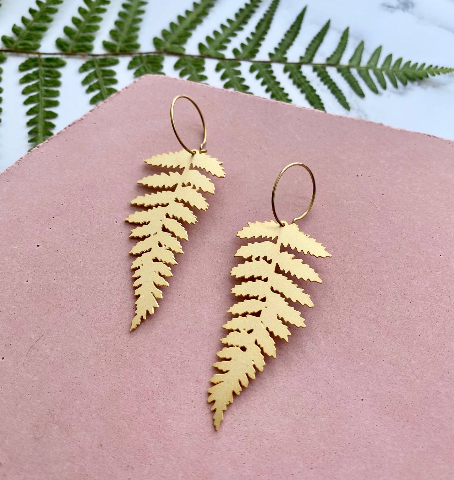 Trendy Gold Fern Hoop Earrings