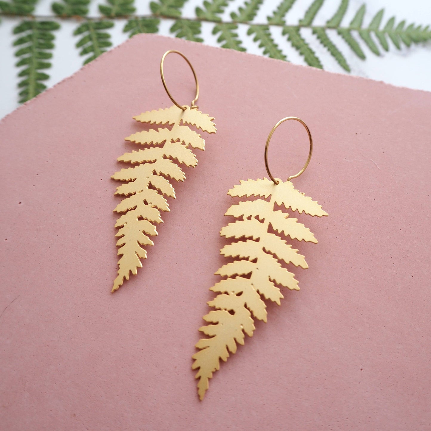 Trendy Gold Fern Hoop Earrings