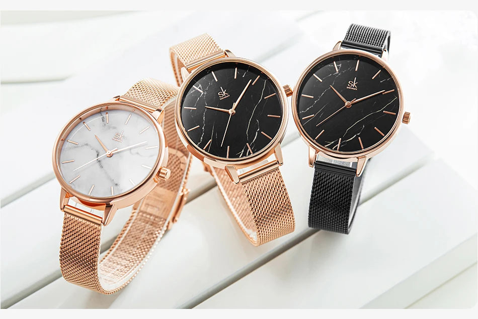 SHENGKE Marble Dial Vintage Stainless Steel Quartz Watch