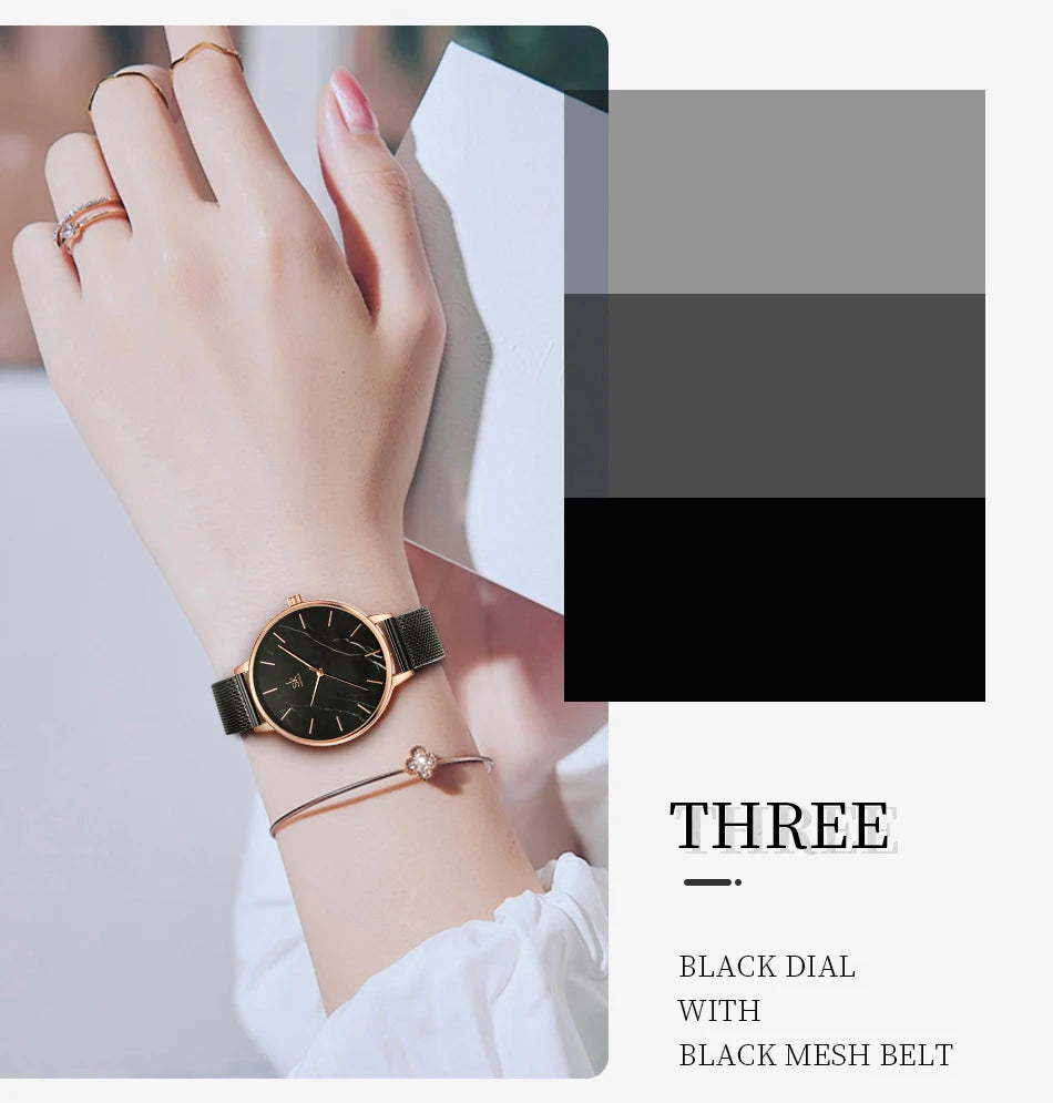 SHENGKE Marble Dial Vintage Stainless Steel Quartz Watch