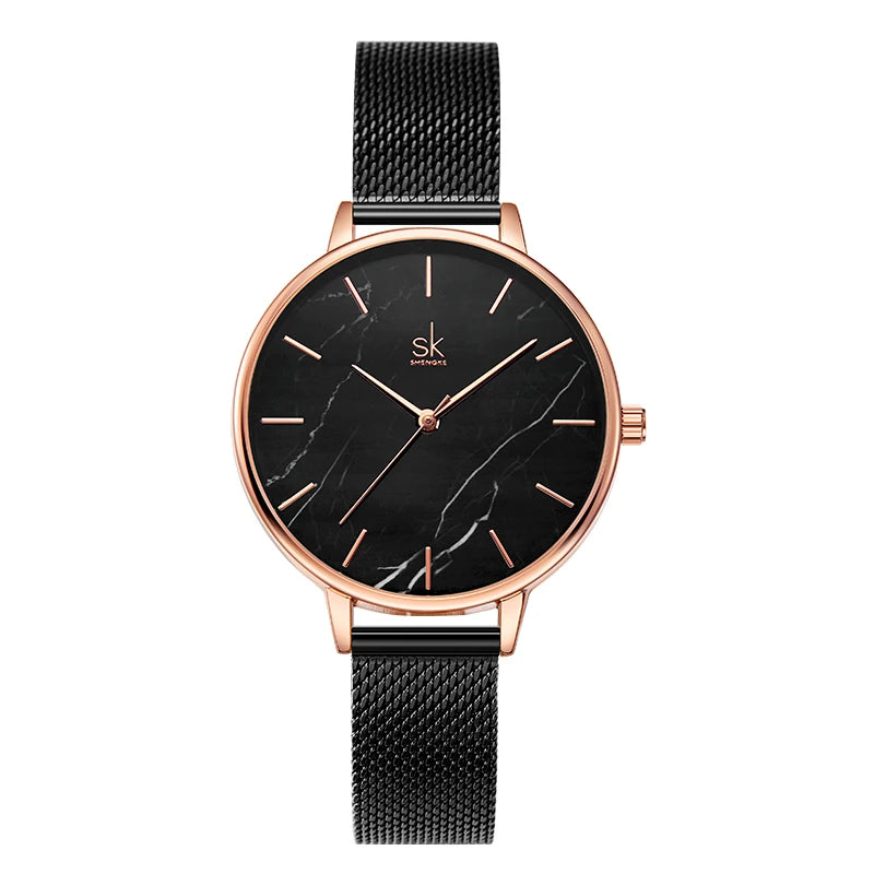 SHENGKE Marble Dial Vintage Stainless Steel Quartz Watch