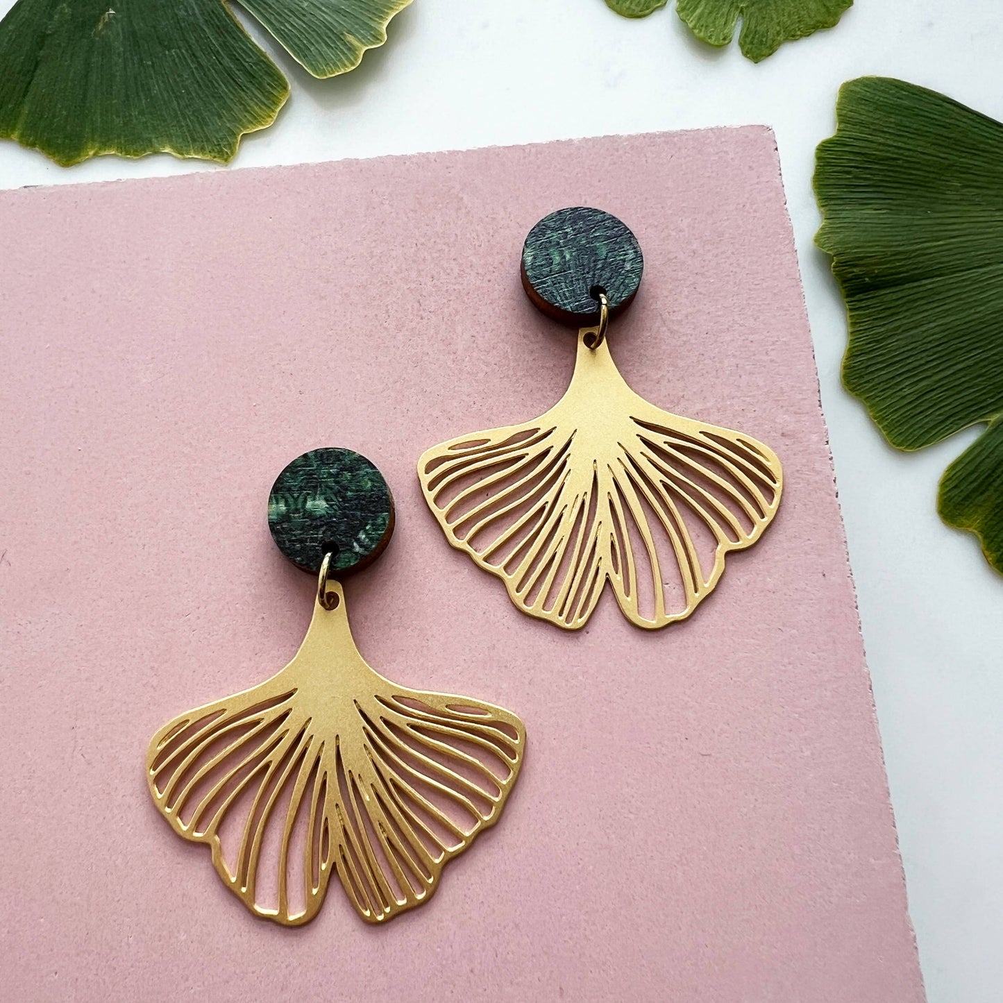 Trendy Gold Gingko Leaf Plant Drop Stud Earrings