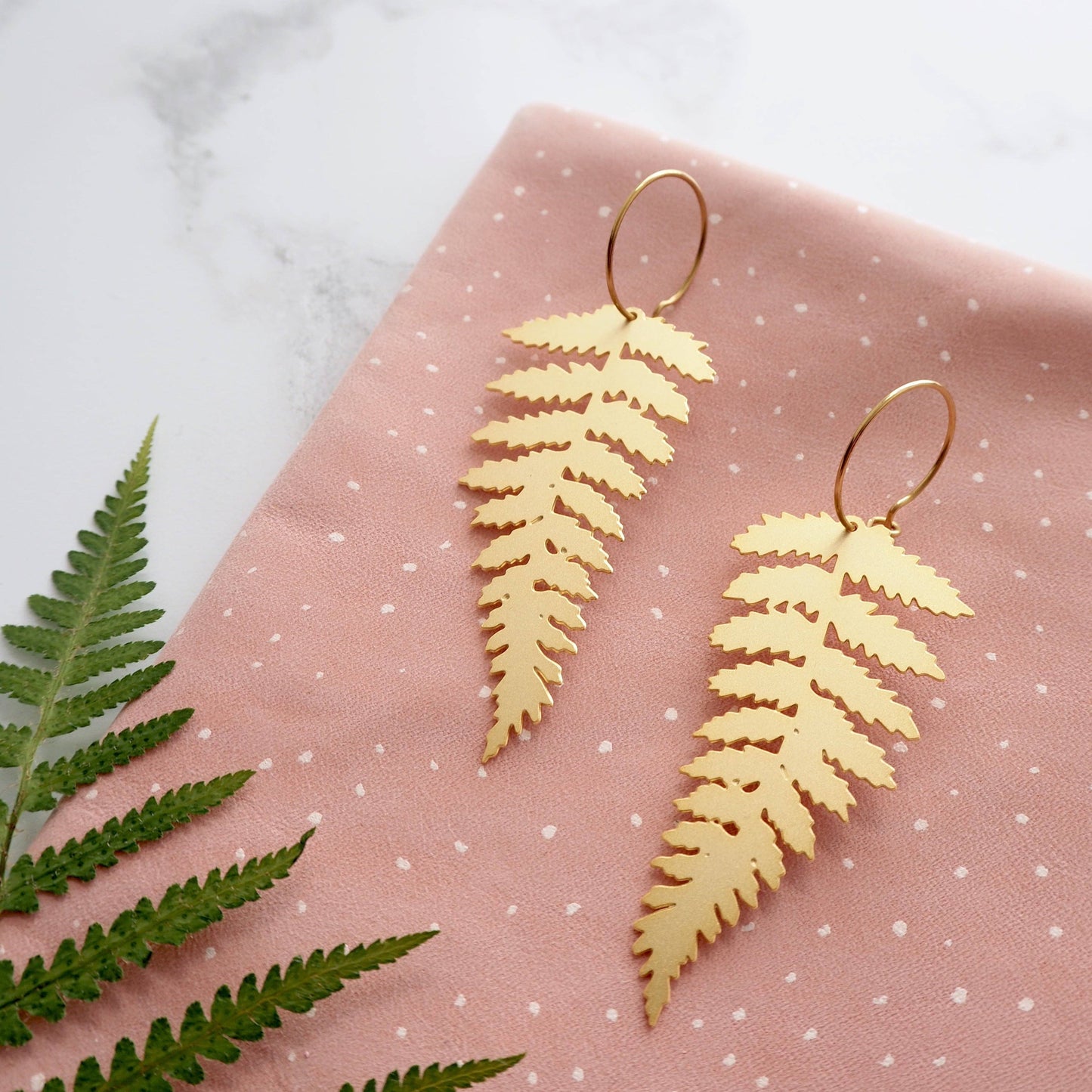 Trendy Gold Fern Hoop Earrings
