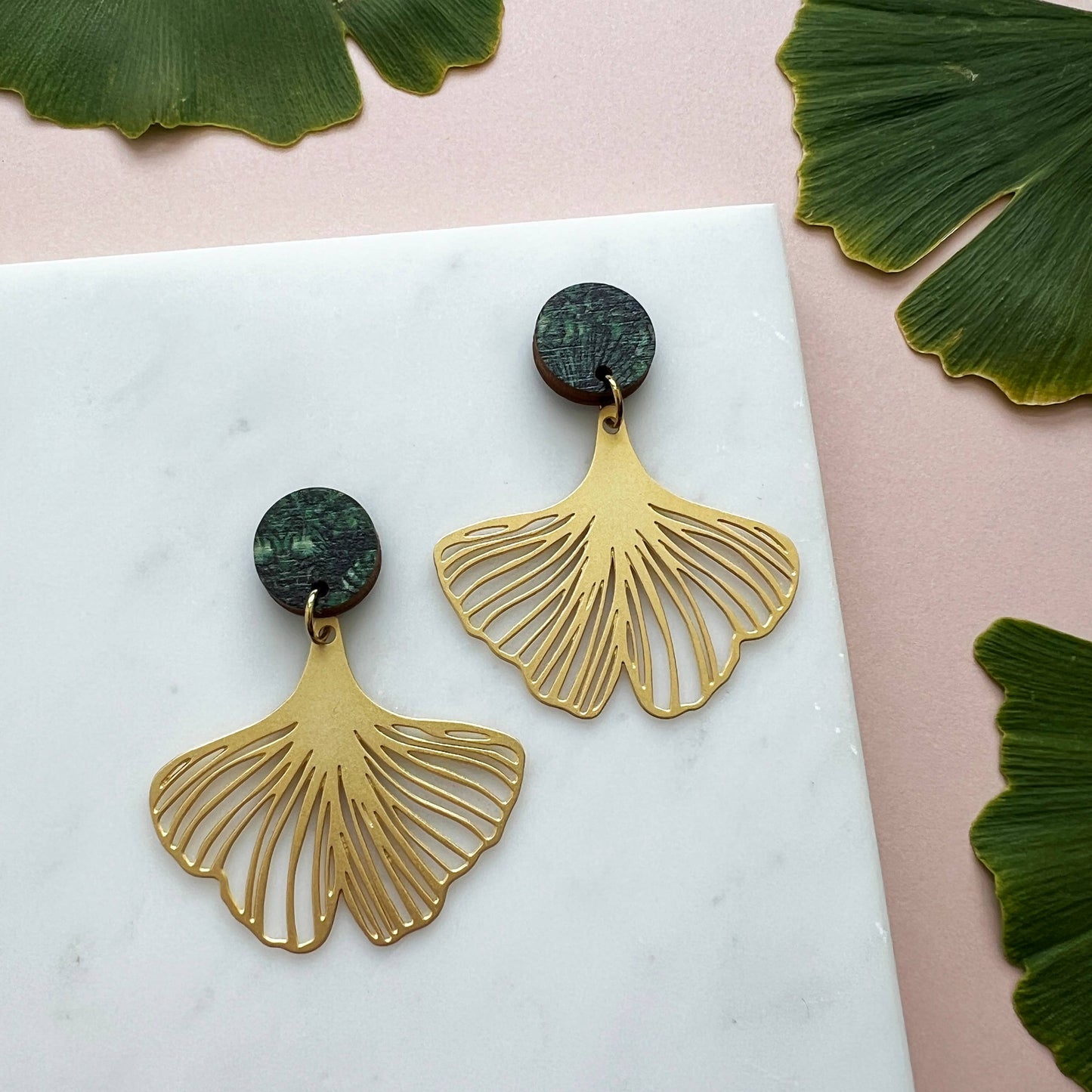 Trendy Gold Gingko Leaf Plant Drop Stud Earrings  