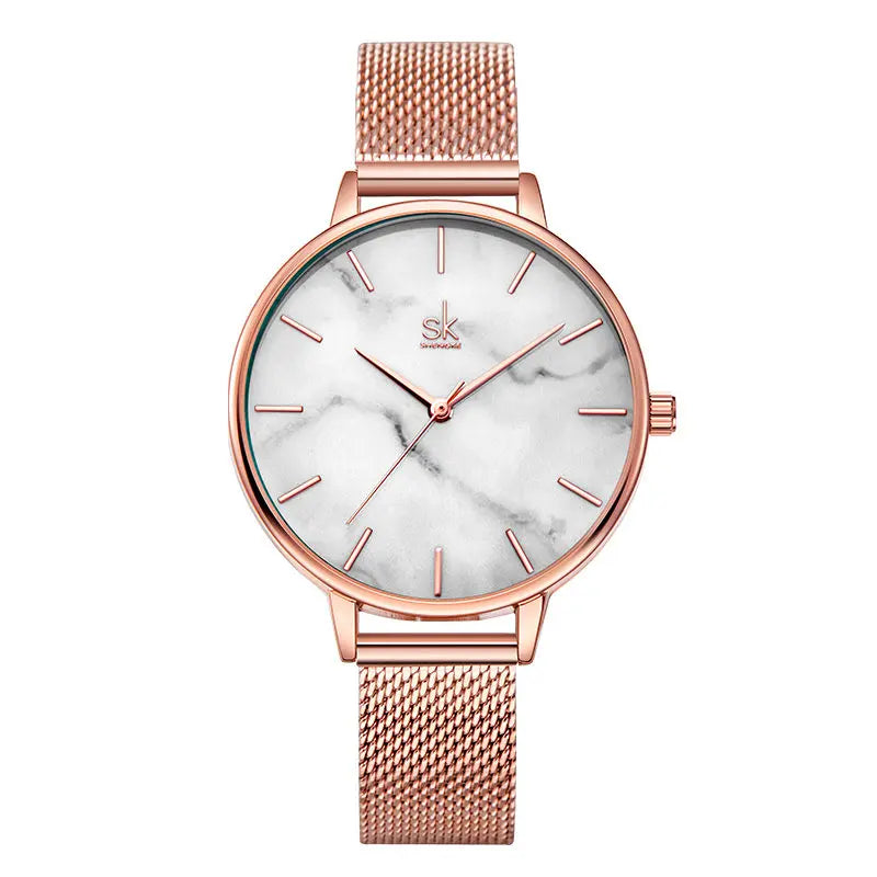 SHENGKE Marble Dial Vintage Stainless Steel Quartz Watch