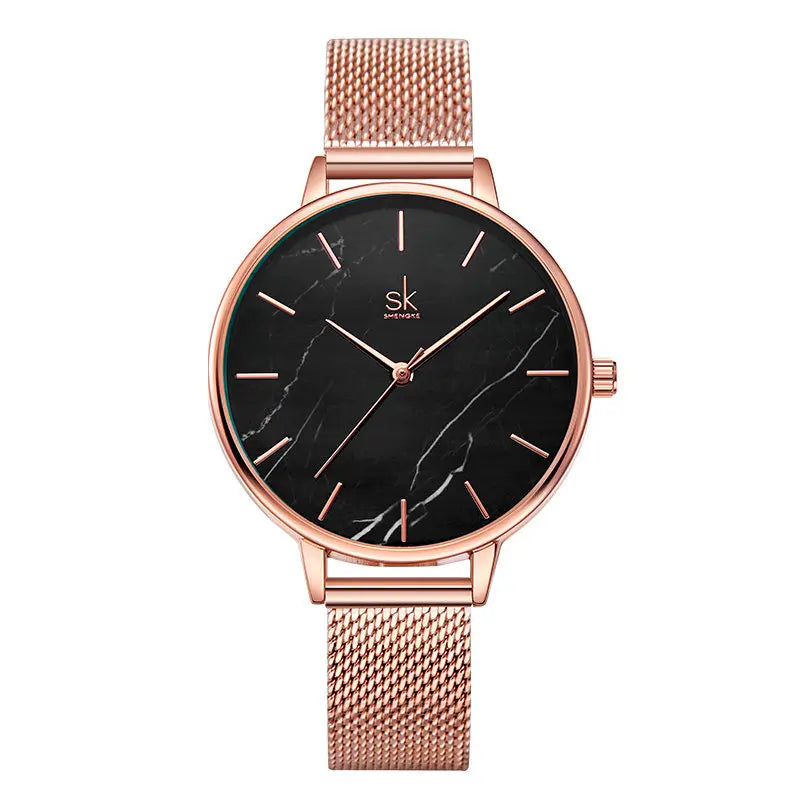 SHENGKE Marble Dial Vintage Stainless Steel Quartz Watch