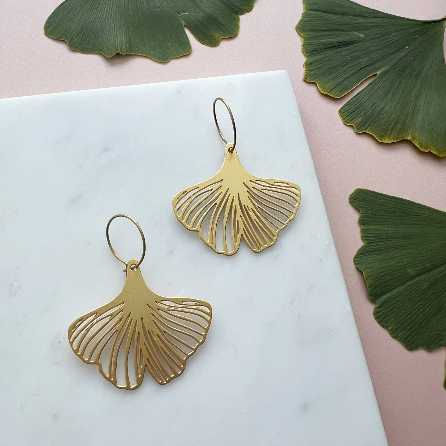 Trendy Gold Gingko Hoop Earrings 