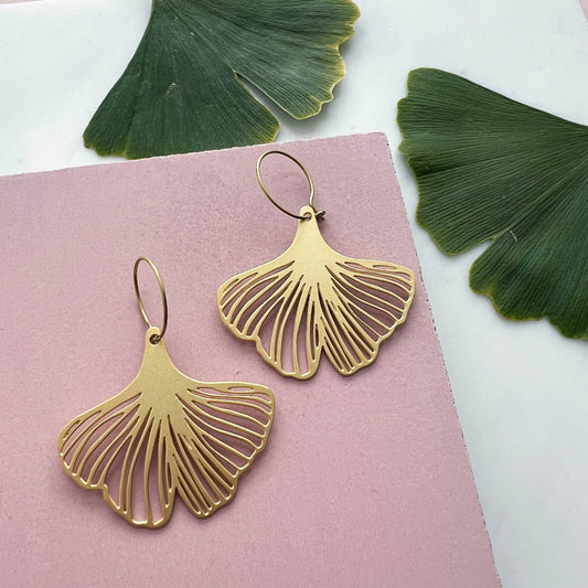 Trendy Gold Gingko Hoop Earrings 